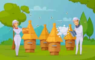 Vector gratuito dibujos animados de recolección de miel de granja de abejas