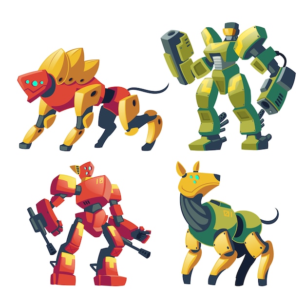 Vector gratuito dibujos animados de robots de combate y perros mecánicos. batalla de androides con inteligencia artificial.