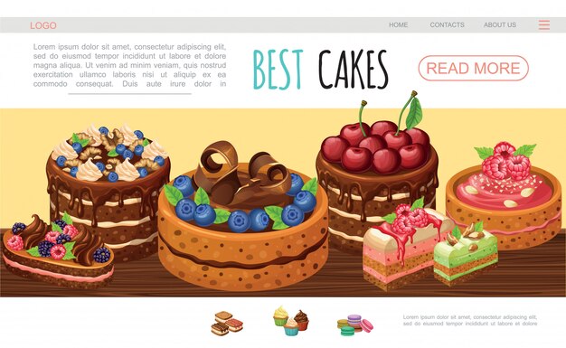 Dibujos animados sabrosos pasteles plantilla de página web con crema de chocolate nueces mora frambuesa arándano