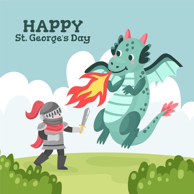 Vector gratuito dibujos animados de st. ilustración del día de george con caballero y dragón