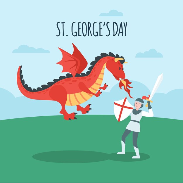 Dibujos animados de st. ilustración del día de george con dragón y caballero