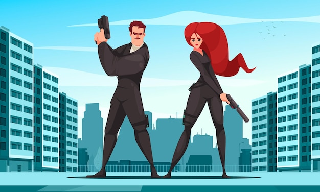 Dibujos animados de super agente con pareja en ropa de guardia de seguridad en la ilustración de vector de fondo de la ciudad