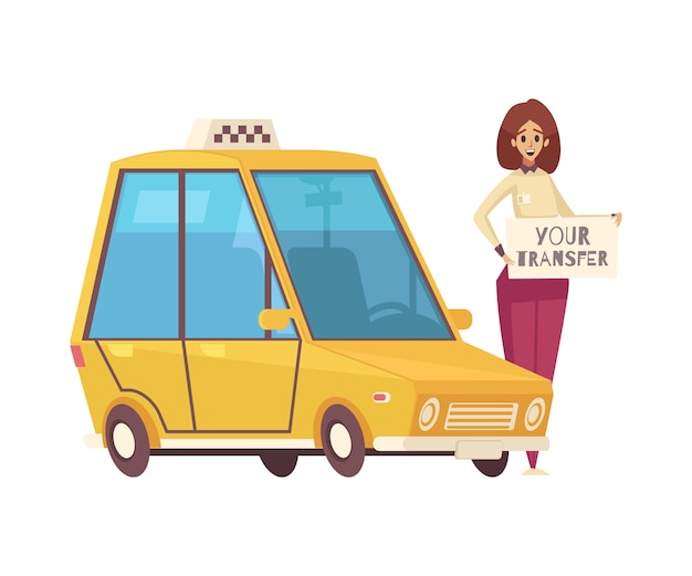 Dibujos animados de traslado de hotel de viaje con taxi y mujer sonriente ilustración