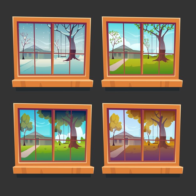 Dibujos animados de ventanas de madera y colección de temporadas.