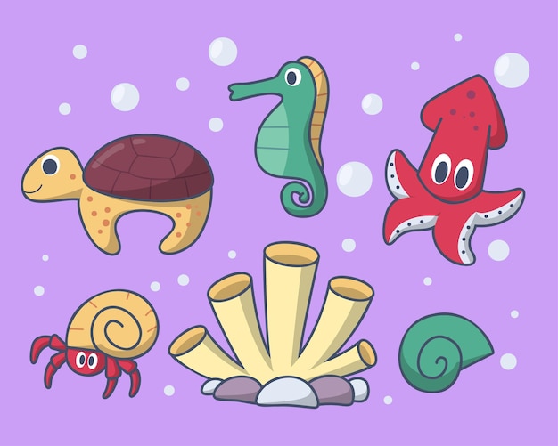 Dibujos animados vida marina Cute Tturtle caballito de mar calamar molusco y coral ilustración vectorial