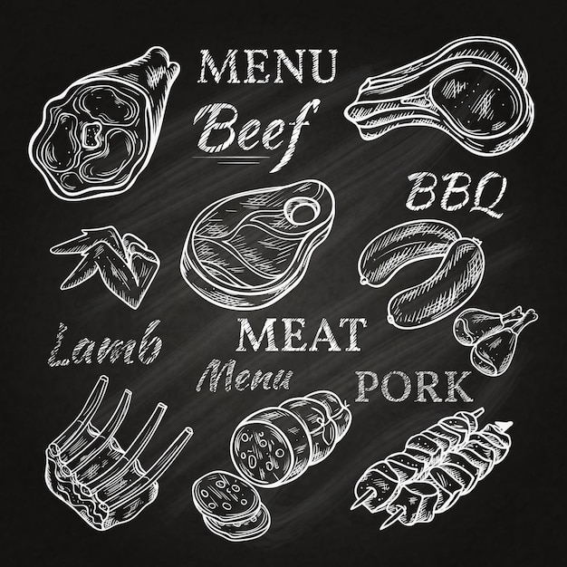 Dibujos de menú de carne retro en pizarra con chuletas de cordero salchichas salchichas de cerdo jamón brochetas productos gastronómicos aislados ilustración vectorial