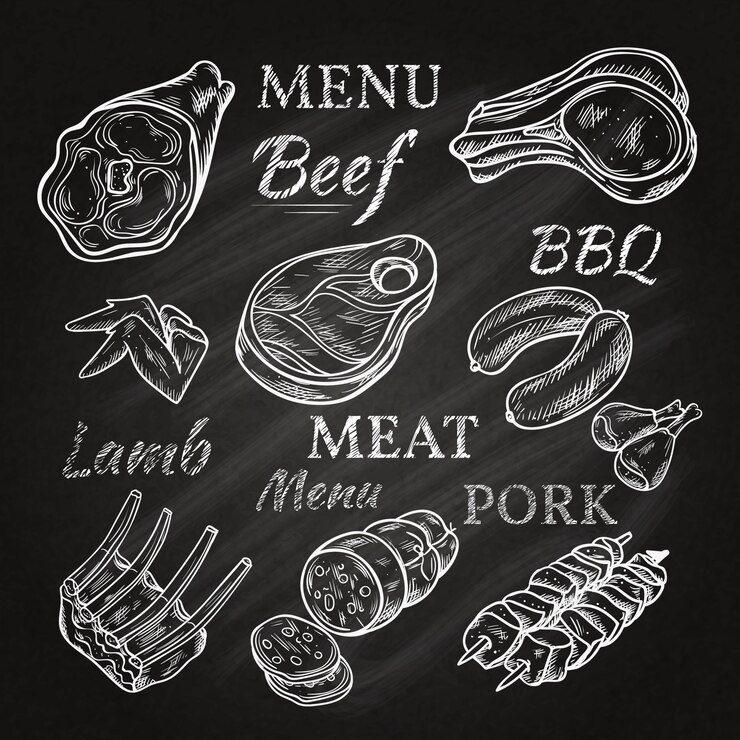 Vector gratuito dibujos de menú de carne retro en pizarra con chuletas de cordero salchichas salchichas de cerdo jamón brochetas productos gastronómicos aislados ilustración vectorial