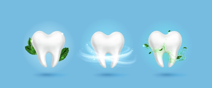 Vector gratuito diente blanco y saludable con remolinos de líquido de menta en el aire