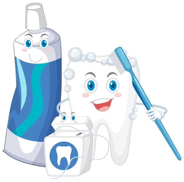 Diente feliz cepillándose con pasta de dientes e hilo dental