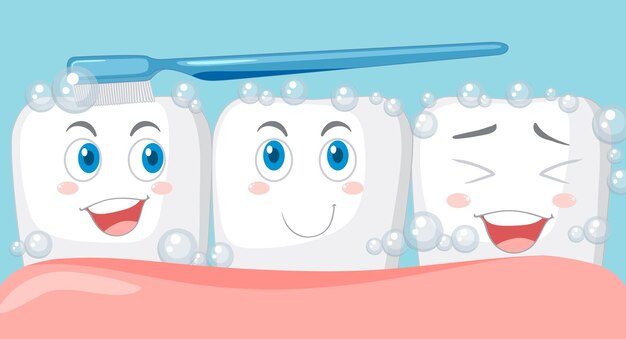 Diente feliz cepillándose con una pasta de dientes sobre fondo azul.