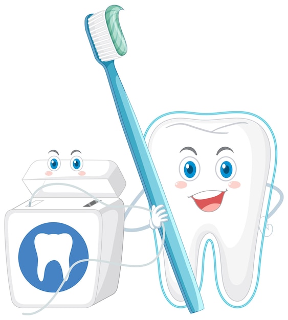 Diente grande feliz sosteniendo pasta de dientes con hilo dental en ba blanca
