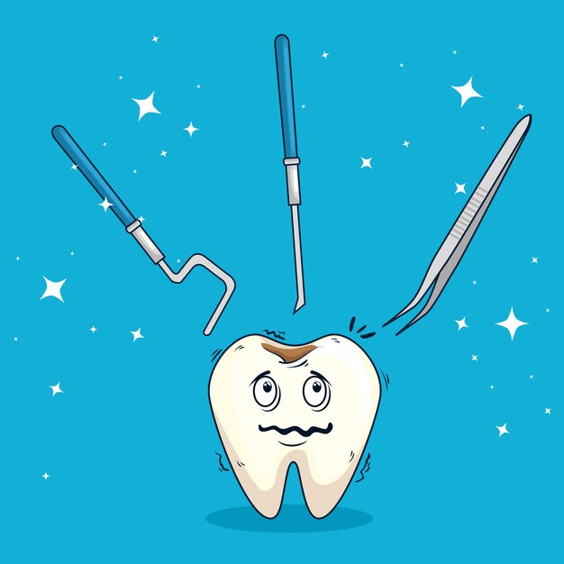 Dientes con caries y excavadoras con herramientas.