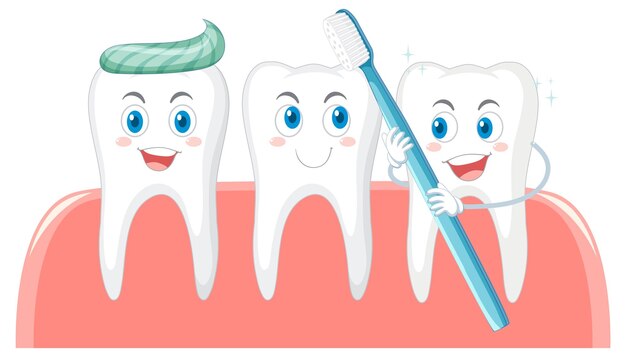 Dientes felices cepillándose con una pasta de dientes sobre fondo blanco