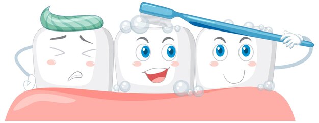 Dientes felices cepillándose con una pasta de dientes sobre fondo blanco