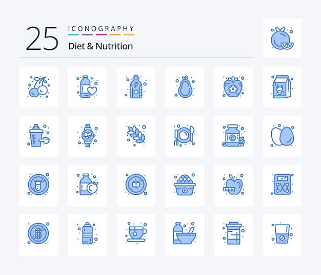 Dieta y nutrición 25 paquete de iconos de color azul que incluye nutrición de manzana amor proteína de dieta saludable