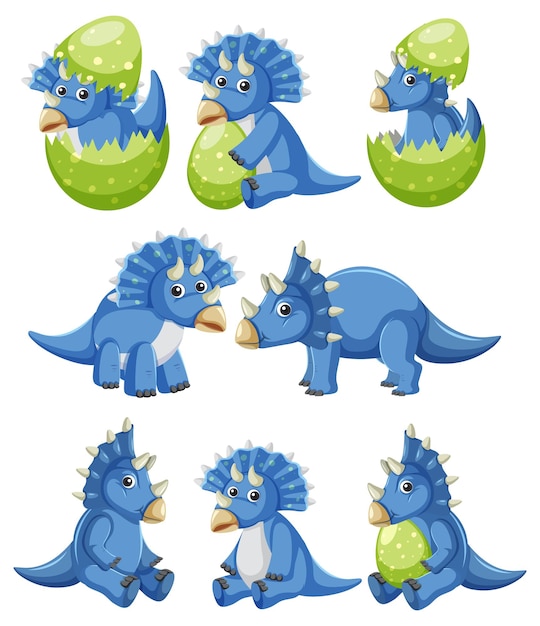 Vector gratuito diferente colección de dinosaurios triceratops azules.