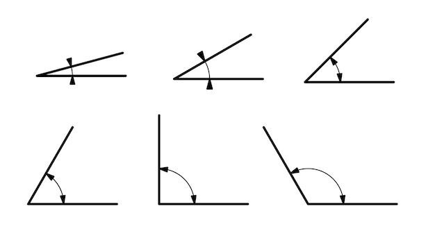 Diferentes ángulos matemáticos aislados sobre fondo blanco. Dibujo lineal.