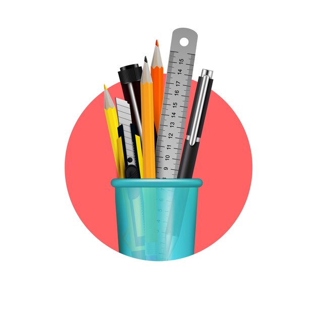 Diferentes artículos de papelería en composición de vidrio plástico azul en círculo rojo en ilustración vectorial realista de fondo blanco