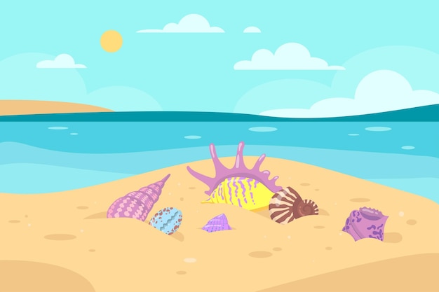 Diferentes conchas de colores en la ilustración de la orilla del mar