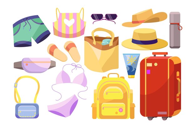 Diferentes cosas para el conjunto de ilustraciones vectoriales de vacaciones de verano. Colección de ropa y accesorios, equipaje: bolsa de viaje, maleta aislada en fondo blanco. Viajar, concepto de vacaciones