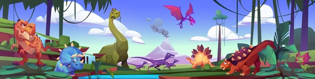Diferentes dinosaurios en el entorno natural.