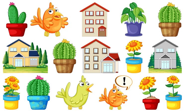Vector gratuito diferentes diseños de casas y lindos pájaros.