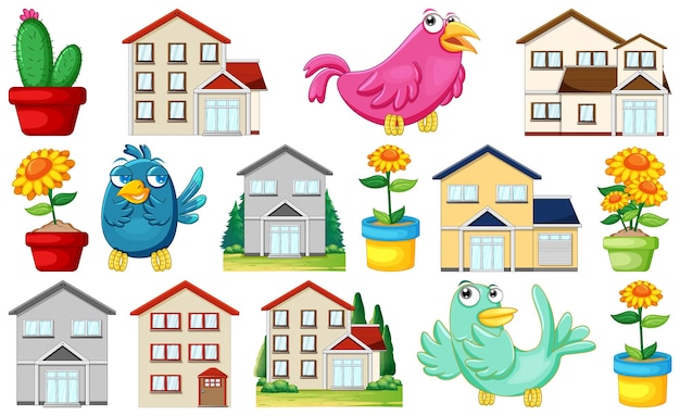 Vector gratuito diferentes diseños de casas y lindos pájaros.