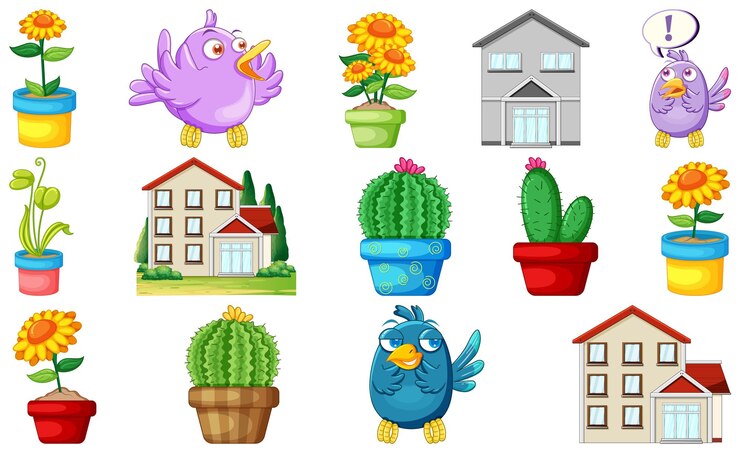 Vector gratuito diferentes diseños de casas y lindos pájaros.