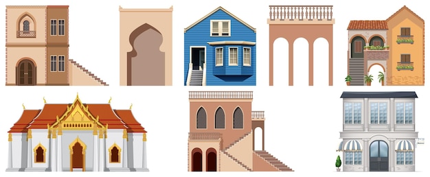 Diferentes diseños de edificios sobre fondo blanco.