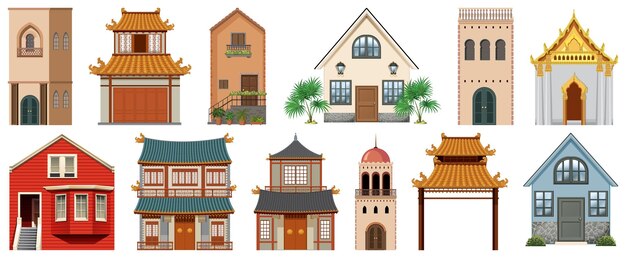 Diferentes diseños de edificios sobre fondo blanco.