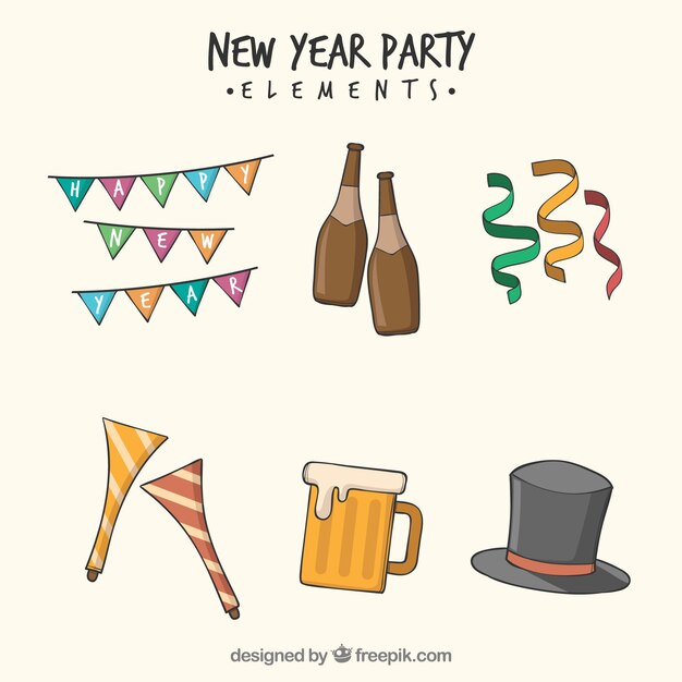 Diferentes elementos de año nuevo dibujados a mano
