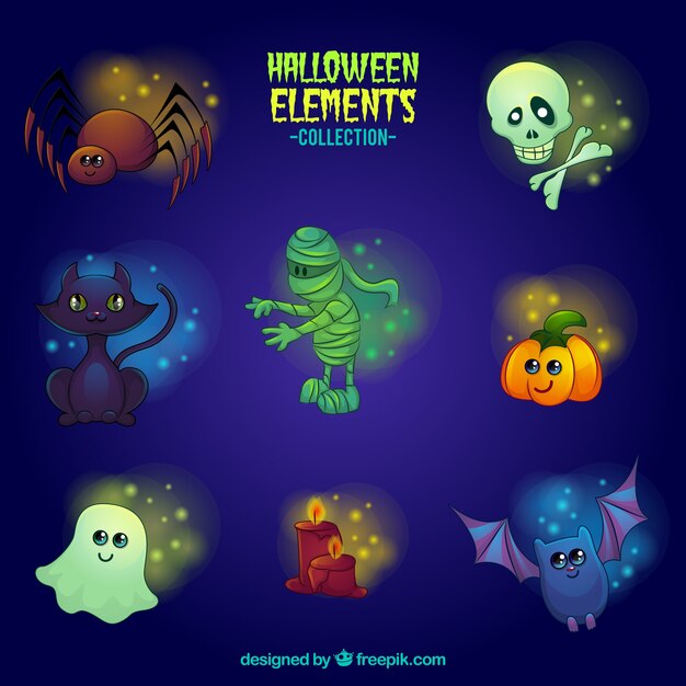 Diferentes elementos sobre un fondo azul para halloween