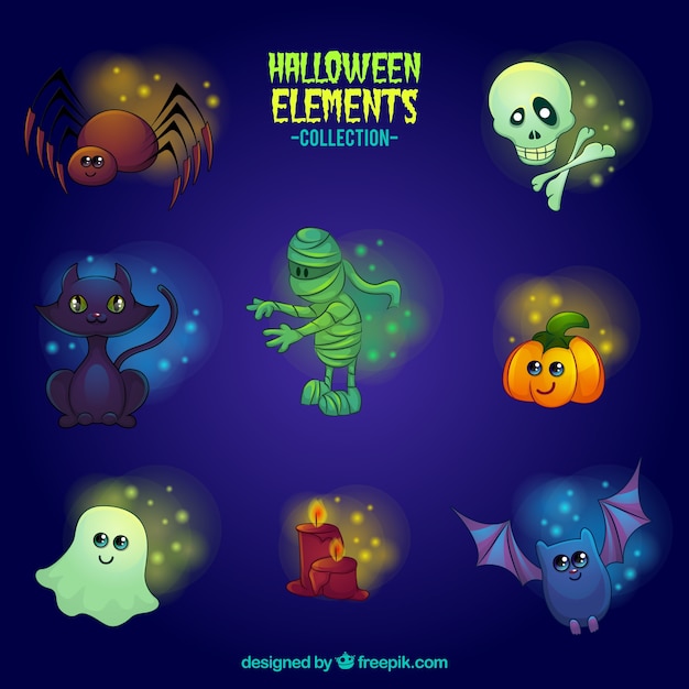 Diferentes elementos sobre un fondo azul para halloween