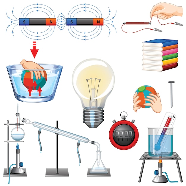 Diferentes equipos de ciencia sobre fondo blanco