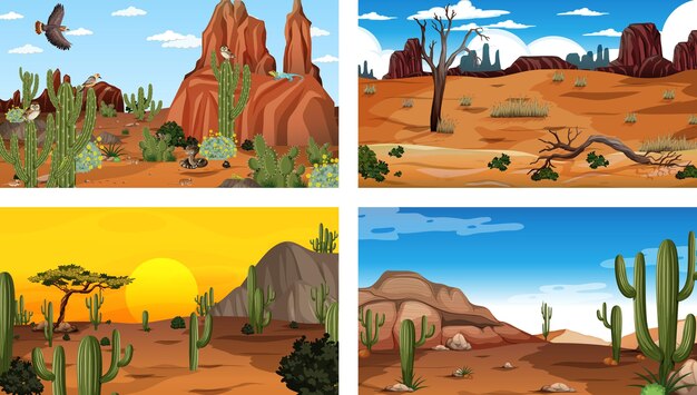 Diferentes escenas de bosque desértico con animales y plantas.