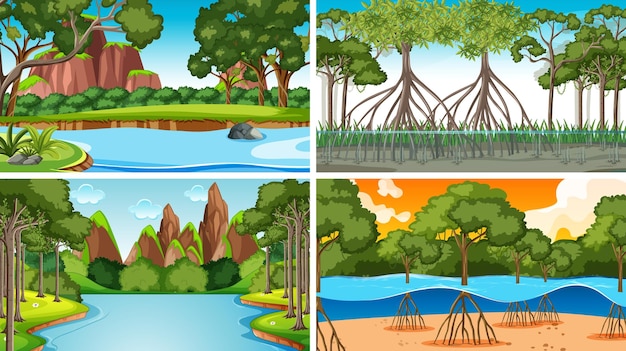 Vector gratuito diferentes escenas de bosque vacío.