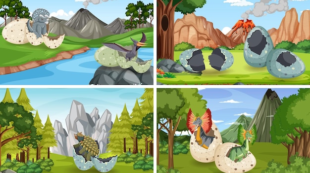 Diferentes escenas de bosques prehistóricos con dibujos animados de dinosaurios.