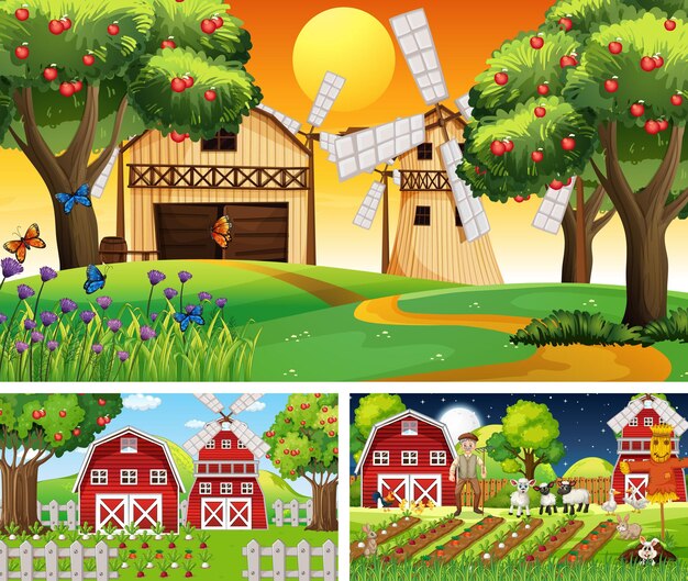 Diferentes escenas de granja con personaje de dibujos animados de animales de granja.
