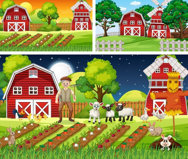 Diferentes escenas de granja con personaje de dibujos animados de animales de granja.