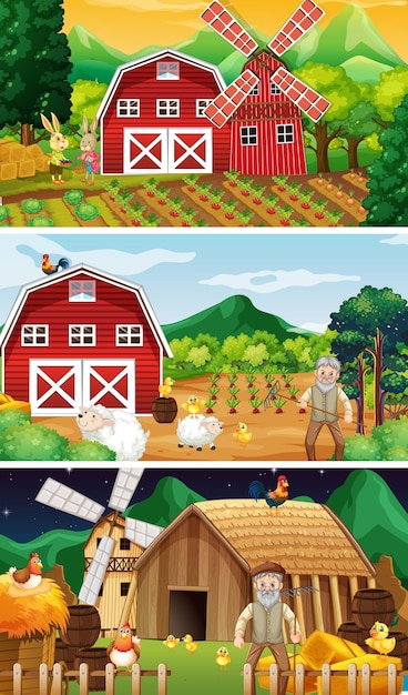 Diferentes escenas de la granja con un viejo granjero y un personaje de dibujos animados de animales.