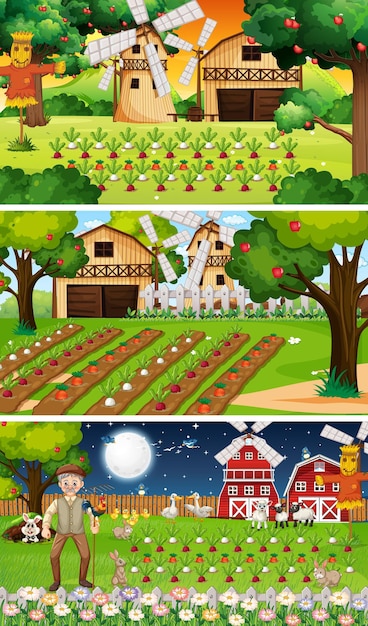Vector gratuito diferentes escenas de la granja con un viejo granjero y un personaje de dibujos animados de animales.