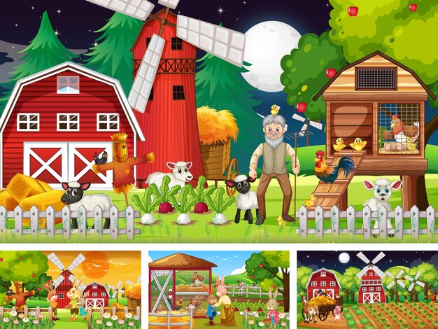 Diferentes escenas de la granja con un viejo granjero y un personaje de dibujos animados de animales.