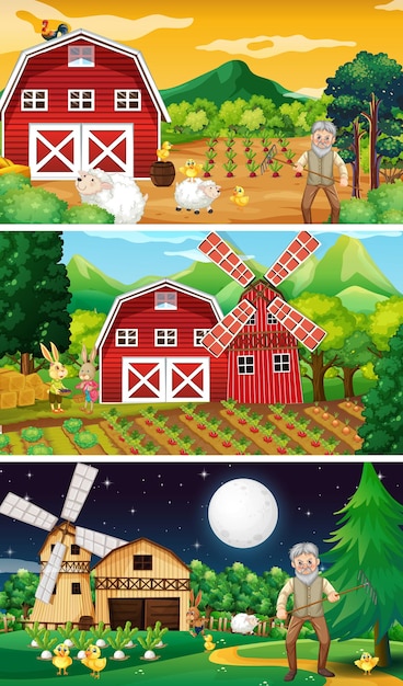 Diferentes escenas de la granja con un viejo granjero y un personaje de dibujos animados de animales.