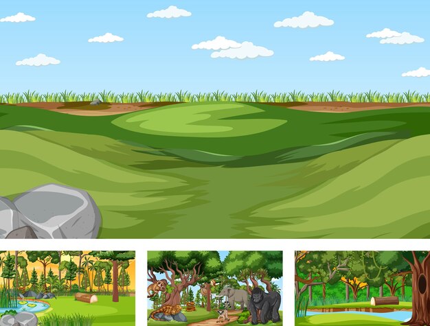 Diferentes escenas de la naturaleza del bosque y la selva tropical con animales salvajes.