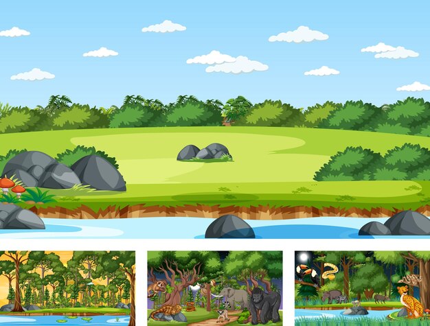 Diferentes escenas de la naturaleza del bosque y la selva tropical con animales salvajes.