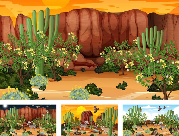 Diferentes escenas de paisaje de bosque desértico con animales y plantas.