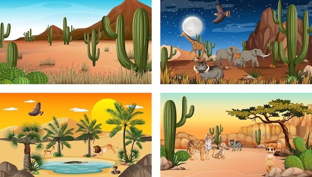 Diferentes escenas con paisaje de bosque desértico con animales y plantas.