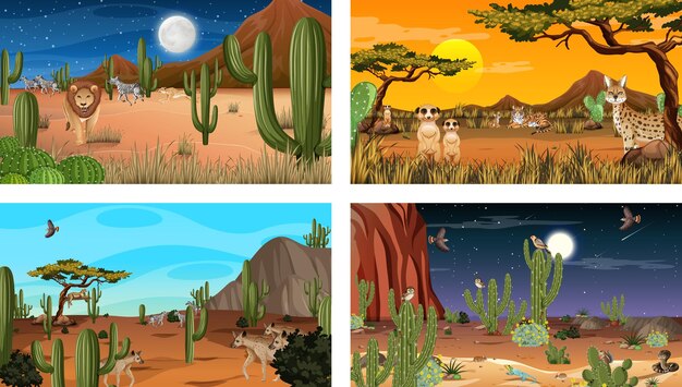 Diferentes escenas con paisaje de bosque desértico con animales y plantas.