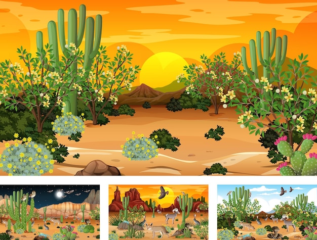 Vector gratuito diferentes escenas con paisaje de bosque desértico con animales y plantas.