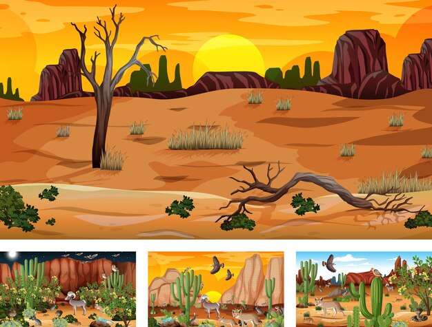 Diferentes escenas con paisaje de bosque desértico con animales y plantas.